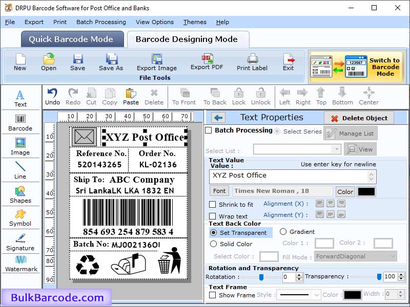 Windows 10 Post office and Bank Barcode Software full